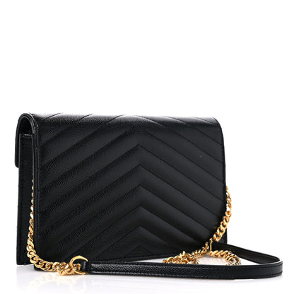Saint Laurent Grain De Poudre Matelasse Chevron Monogram Envelope Chain Wallet Black 3 of 9
