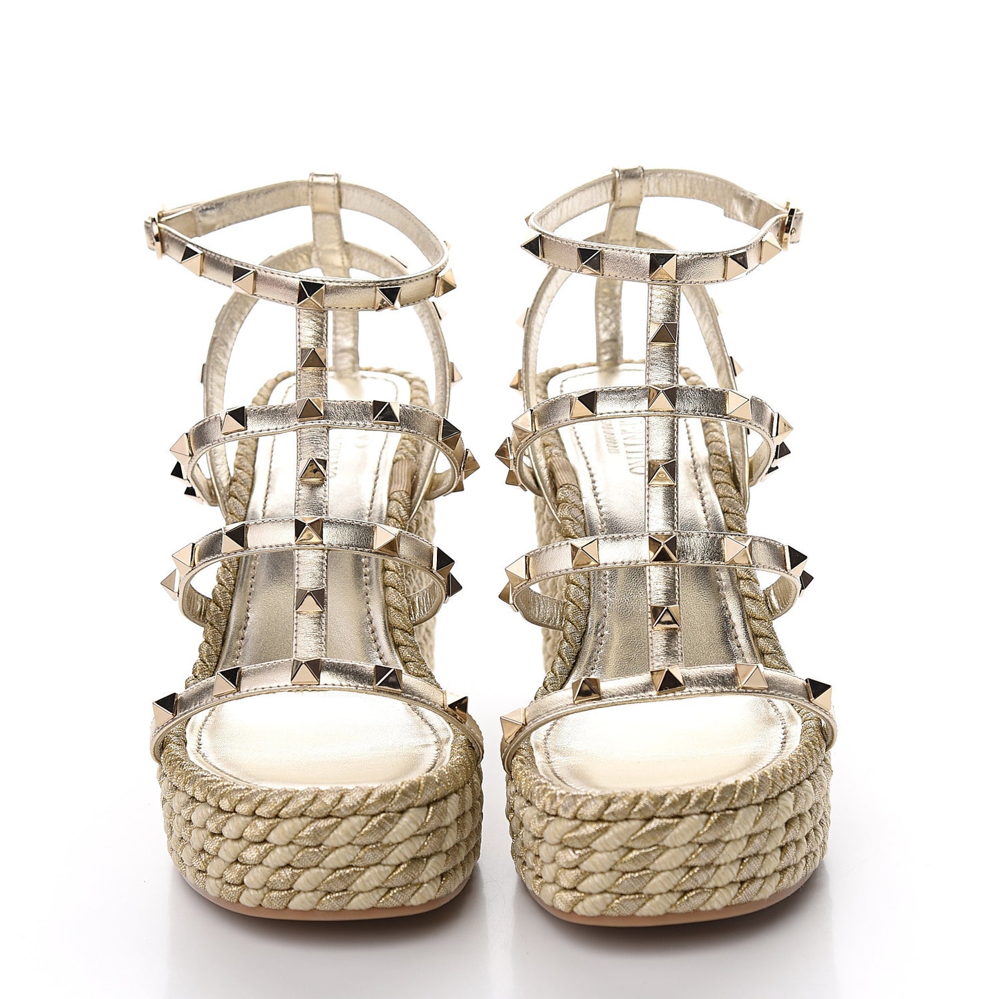 Metallic Nappa Rockstud Ankle Strap Torchon Espadrille Caged 25/95mm Wedge Sandals 39 Platino