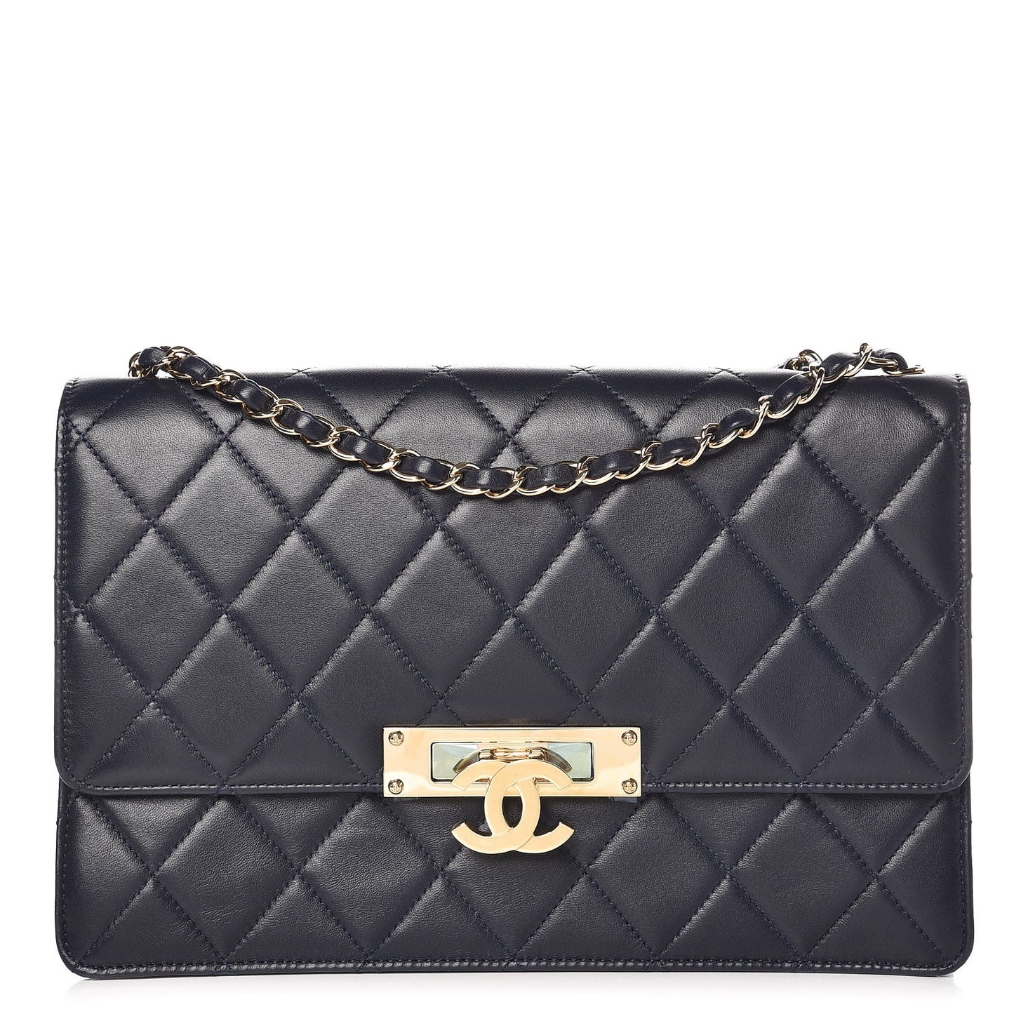 Lambskin Quilted Large Golden Class Flap Navy