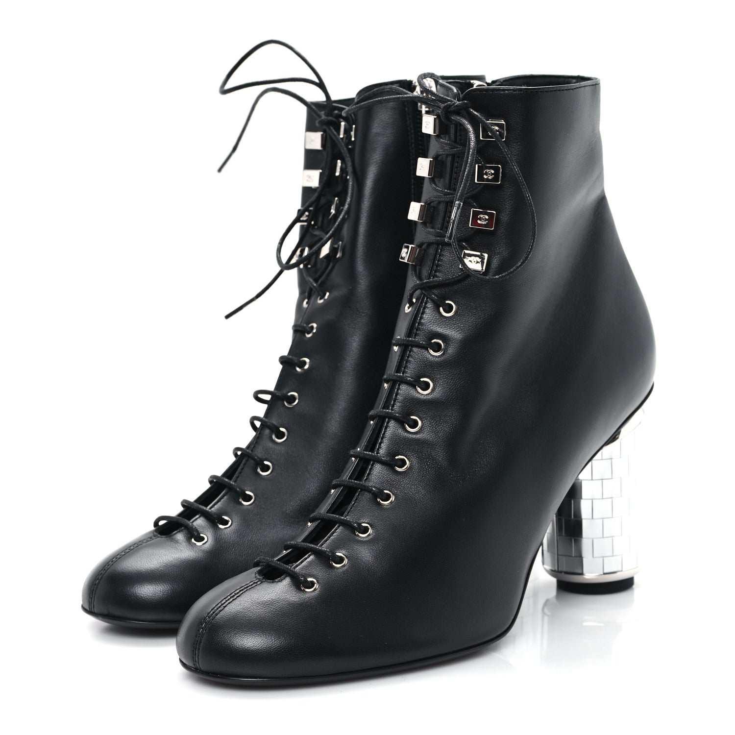 Chanel Lambskin Metallic Heel Lace Up Boots 38 Black 4 of 10