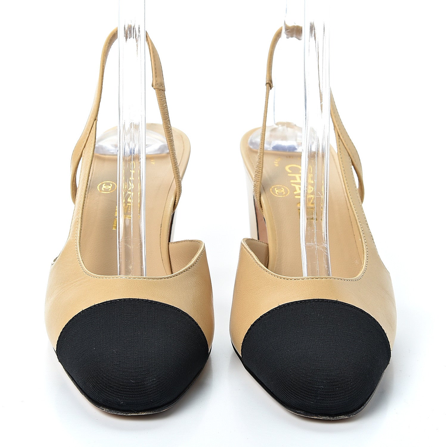 Chanel Goatskin Grosgrain Cap Toe CC Slingback Pumps 37 Beige Black 2 of 10