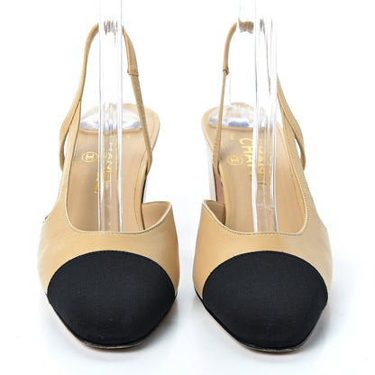 Chanel Goatskin Grosgrain Cap Toe CC Slingback Pumps 37 Beige Black 2 of 10