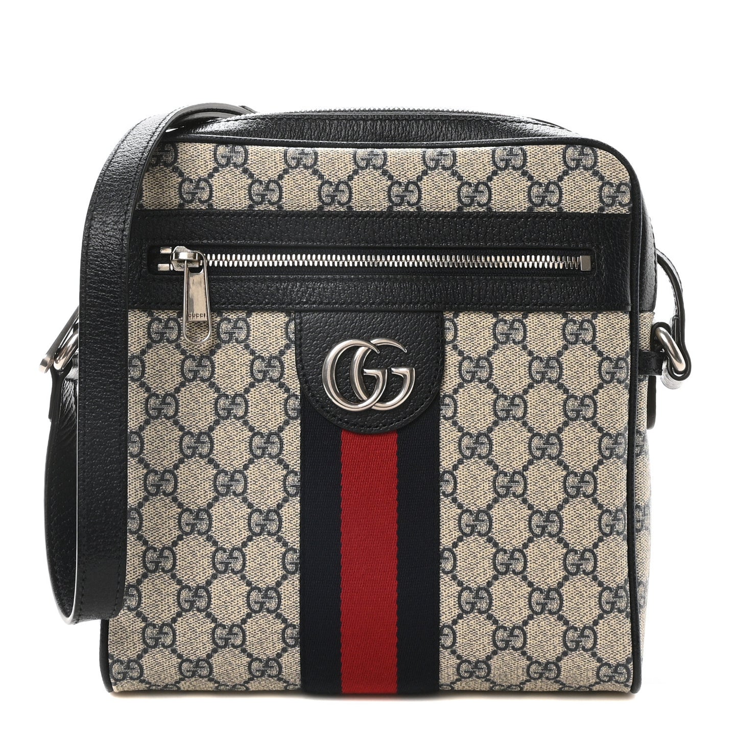 GG Supreme Monogram Textured Dollar Calfskin Web Small Ophidia Messenger Bag Beige Blue