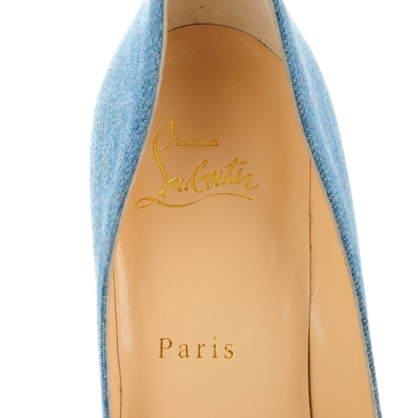 Denim Crackled Calfskin Hawaiian Print Pigalle Follies 100 Pumps 37.5 Blue White