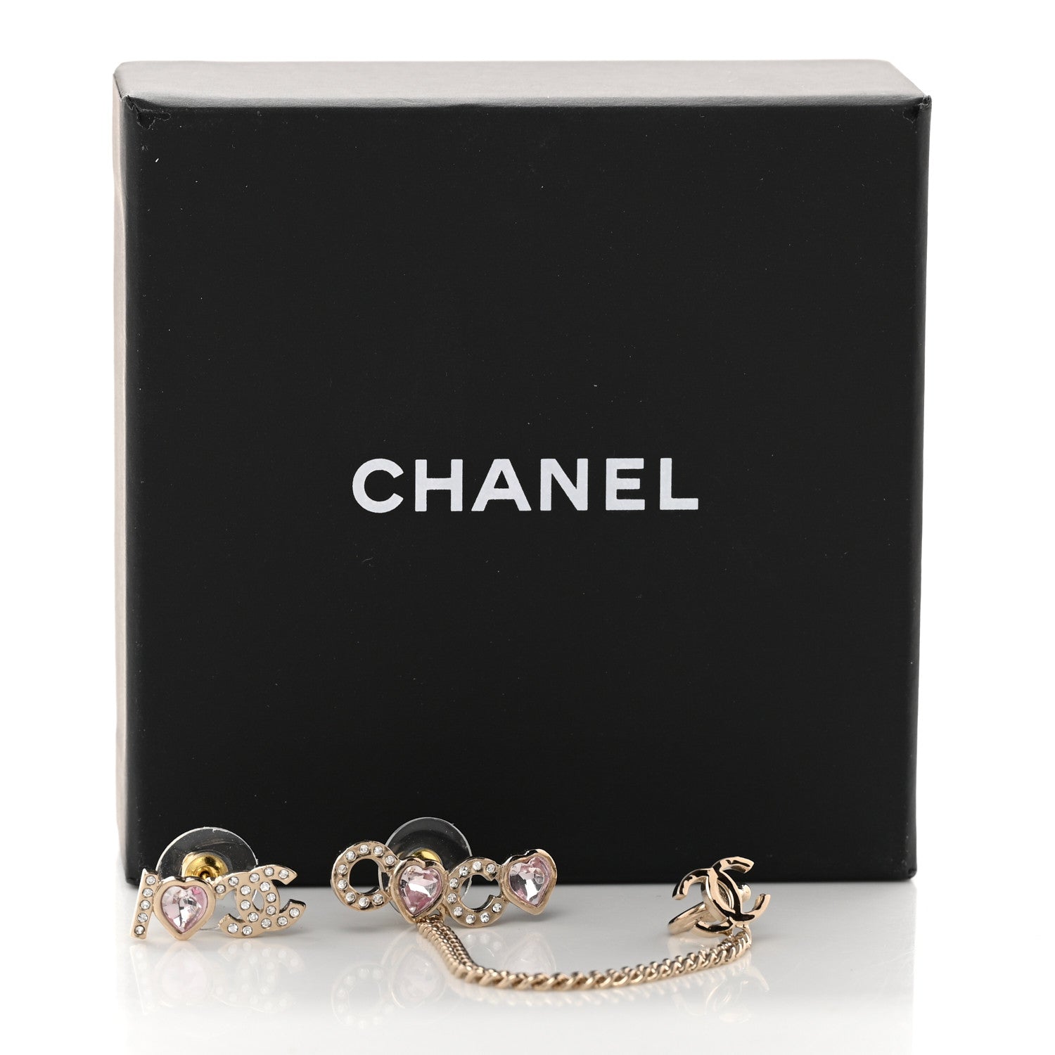 Chanel Metal Strass I Love Coco Heart Chain Climber Earrings Gold Pink 5 of 5