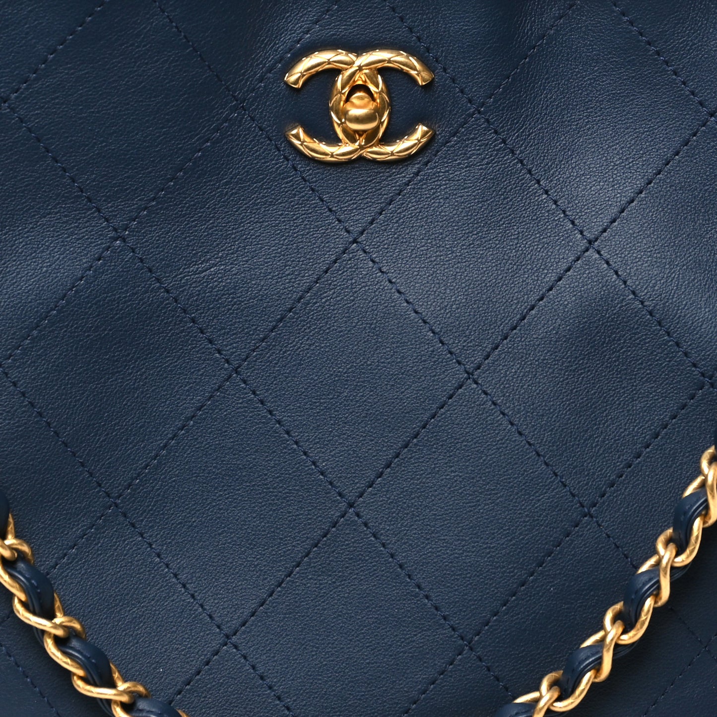 Calfskin Quilted Braided Handle Chain Hobo Navy Blue