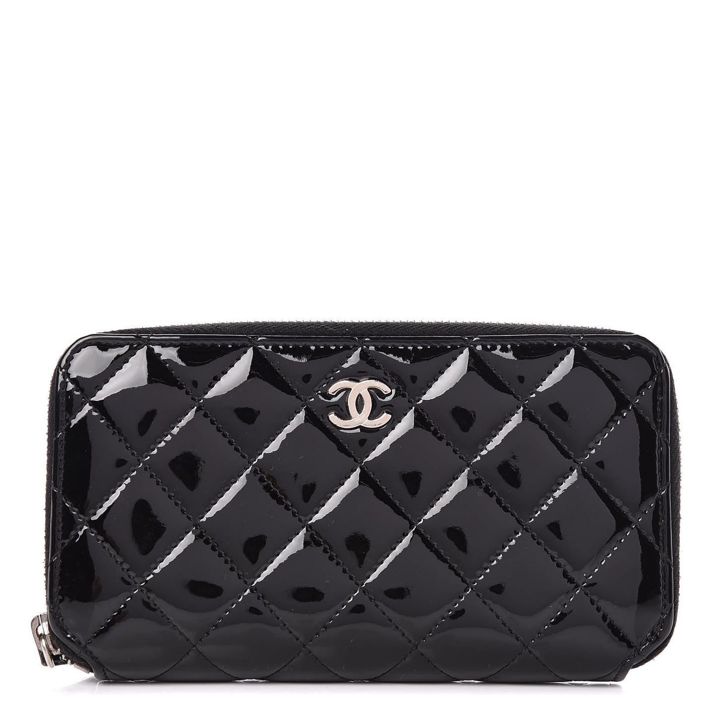 Patent Quilted Zip Around Wallet Black
