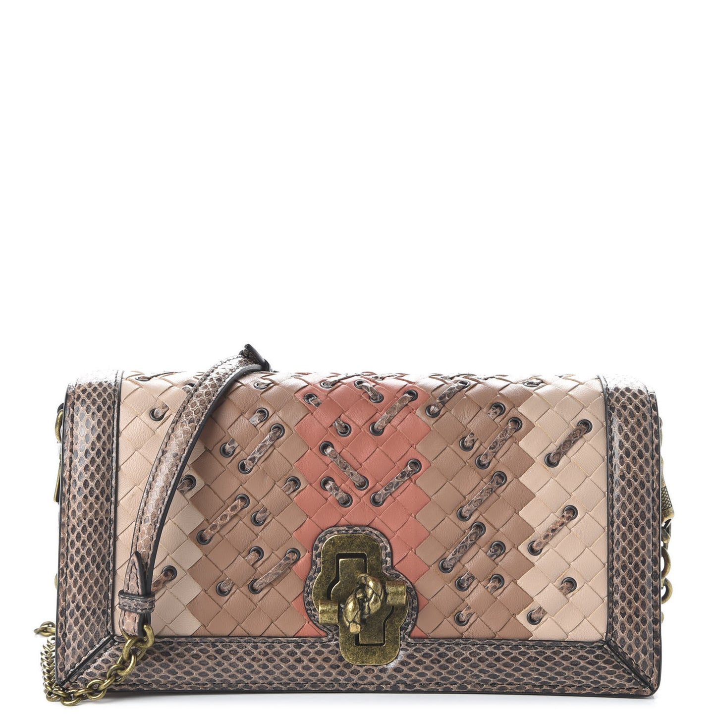 Nappa Ayers Intrecciato Club Stitch Knot Clutch Corallo Cream Mink