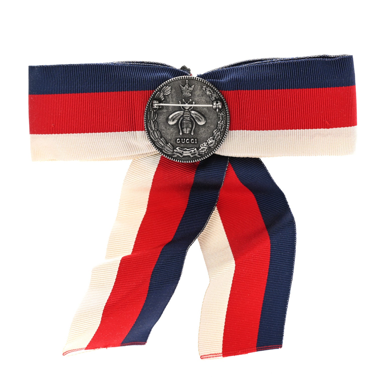 Gucci Grosgrain Web Crystal Bow Brooch Red White Blue 3 of 6