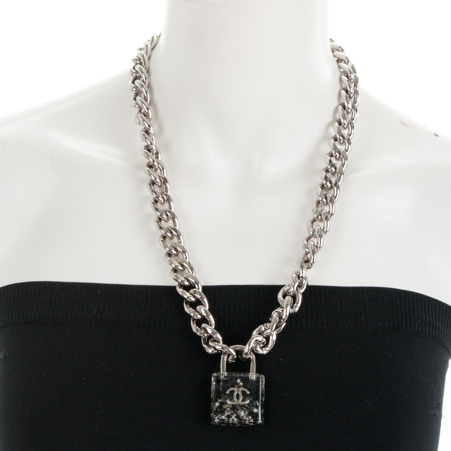 Chanel Pearl Lucite CC Padlock Necklace Silver 3 of 3