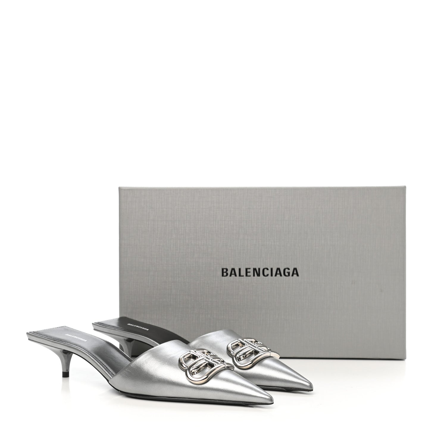 Metallic Nappa BB Square Knife Pointed Toe 40mm Mules 37 Silver