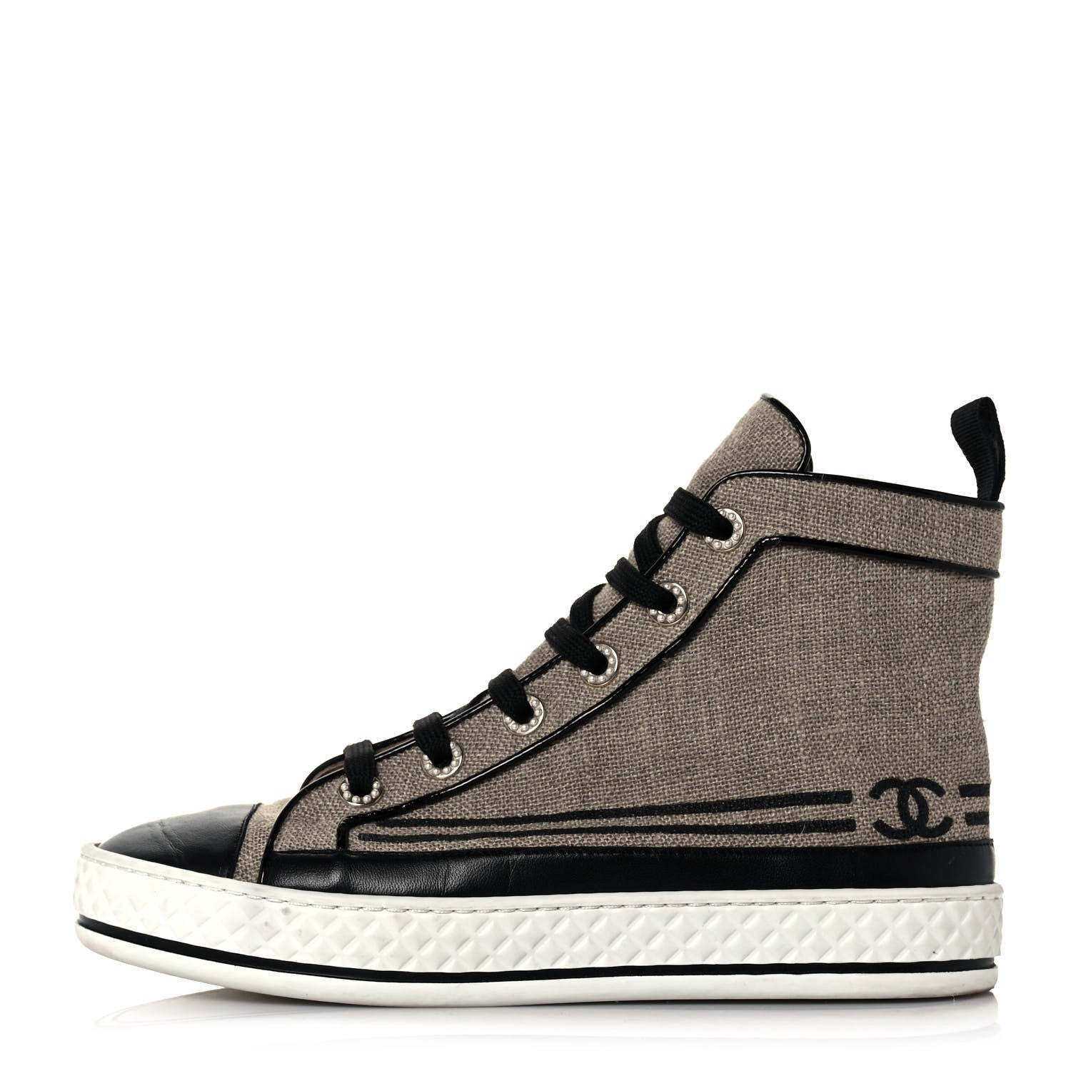 Chanel Fabric Lambskin Lace Up Cap Toe Sneakers 37 Beige Black 1 of 7