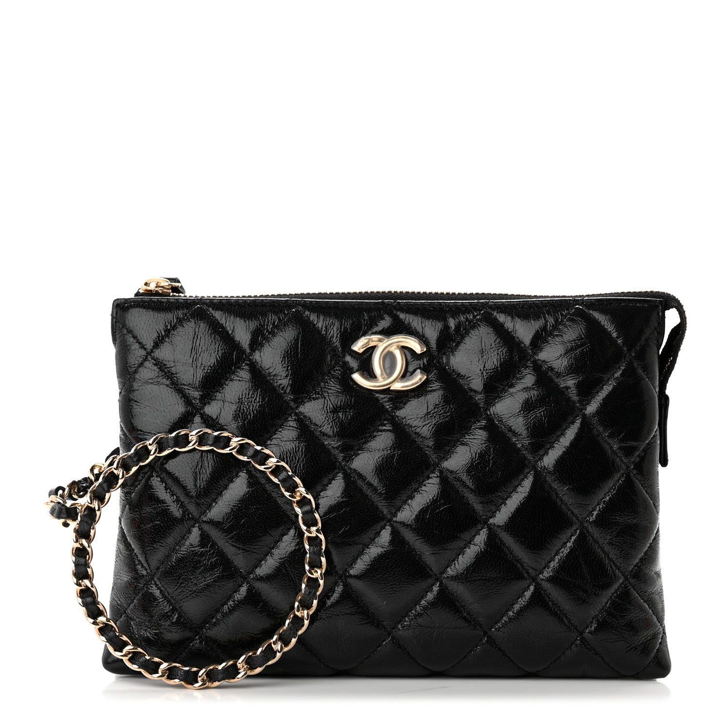 Chanel Shiny Crumpled Calfskin Quilted Clutch Bag Black 1 of 12