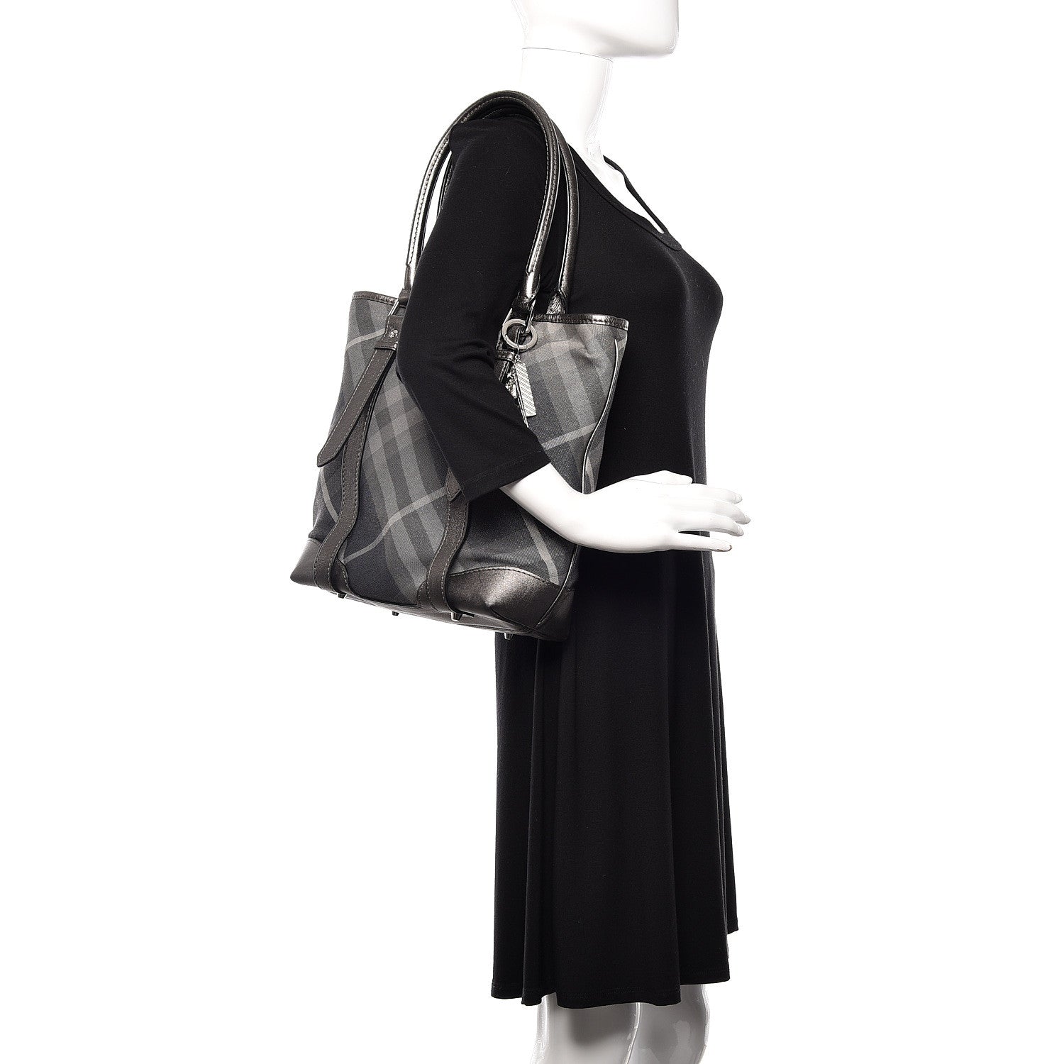 Burberry Canvas Calfskin Shimmer Check Tote Grey 2 of 9