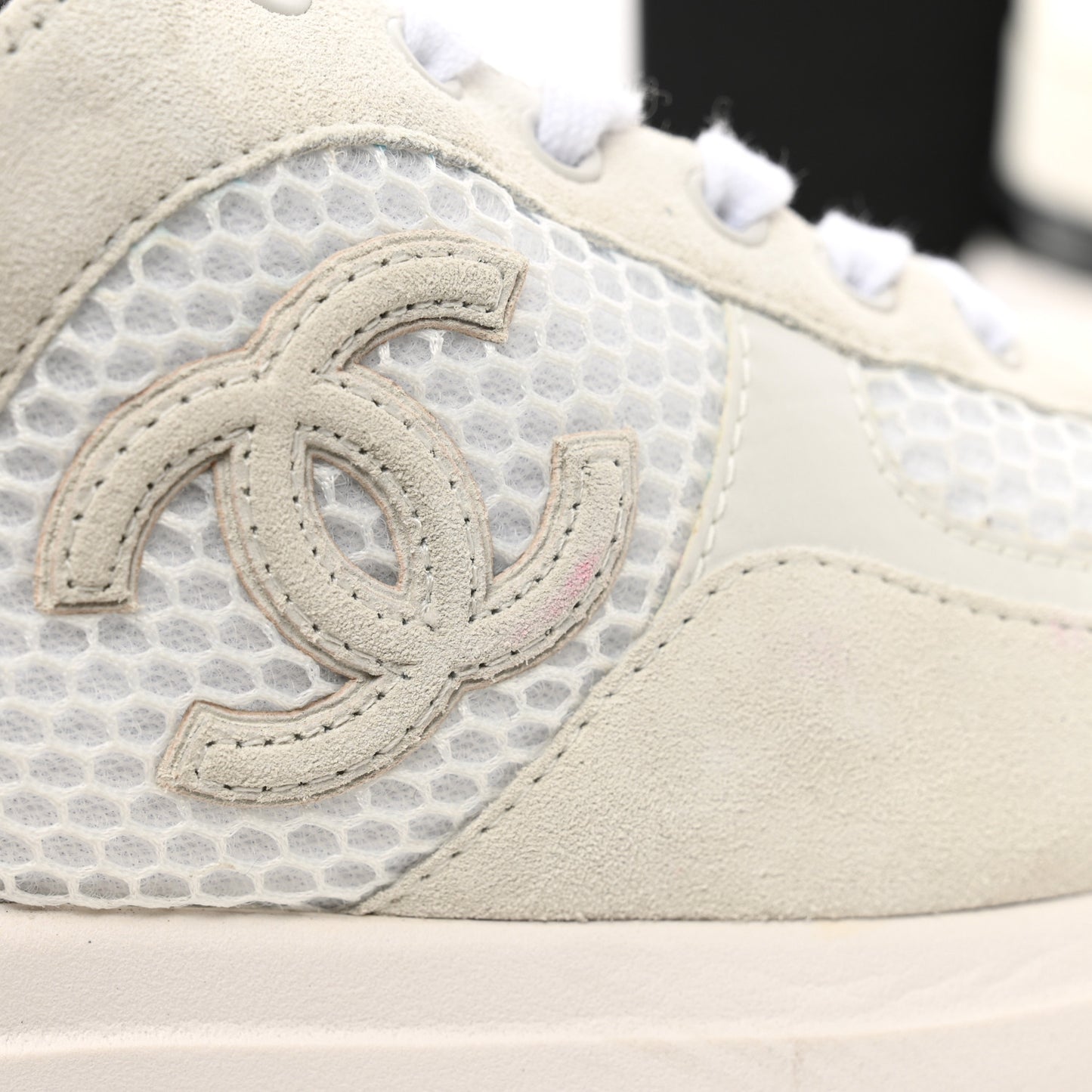Calfskin Mesh Lycra Suede Womens Logo Sneakers 38.5 White