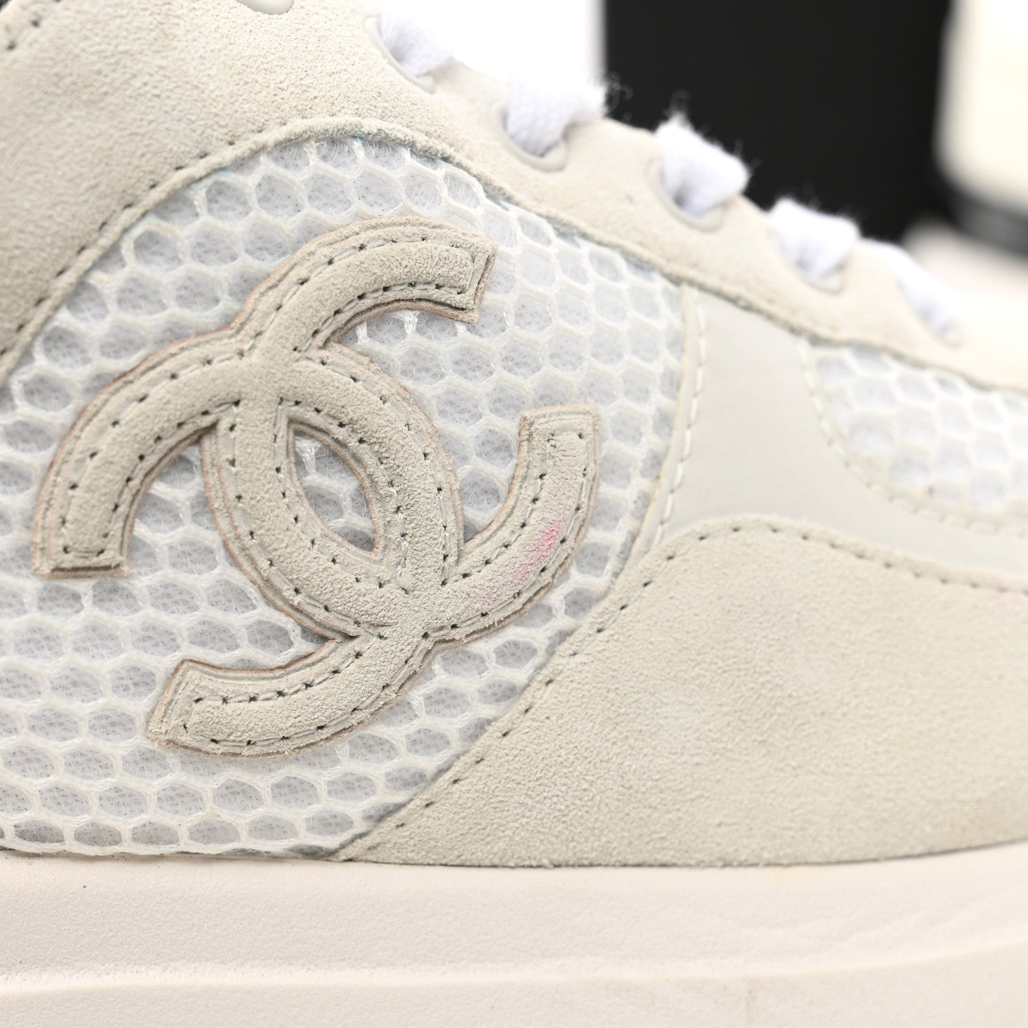 Chanel Calfskin Mesh Lycra Suede Womens Logo Sneakers 38.5 White 8 of 9