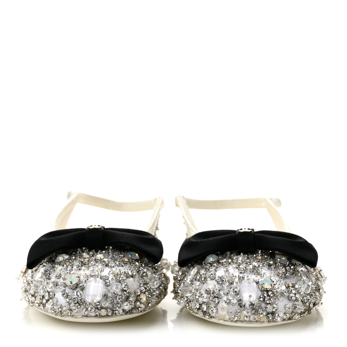 Chanel Satin Crystal Lambskin Grossgrain Bow CC Slingback Flats 38 White Black 3 of 9
