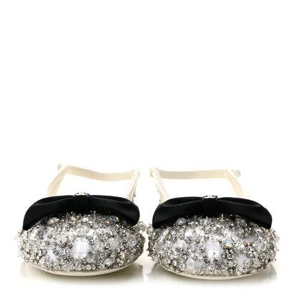Chanel Satin Crystal Lambskin Grossgrain Bow CC Slingback Flats 38 White Black 3 of 9