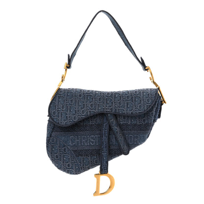 Christian Dior Oblique Embroidered Saddle Bag Denim Blue 1 of 10
