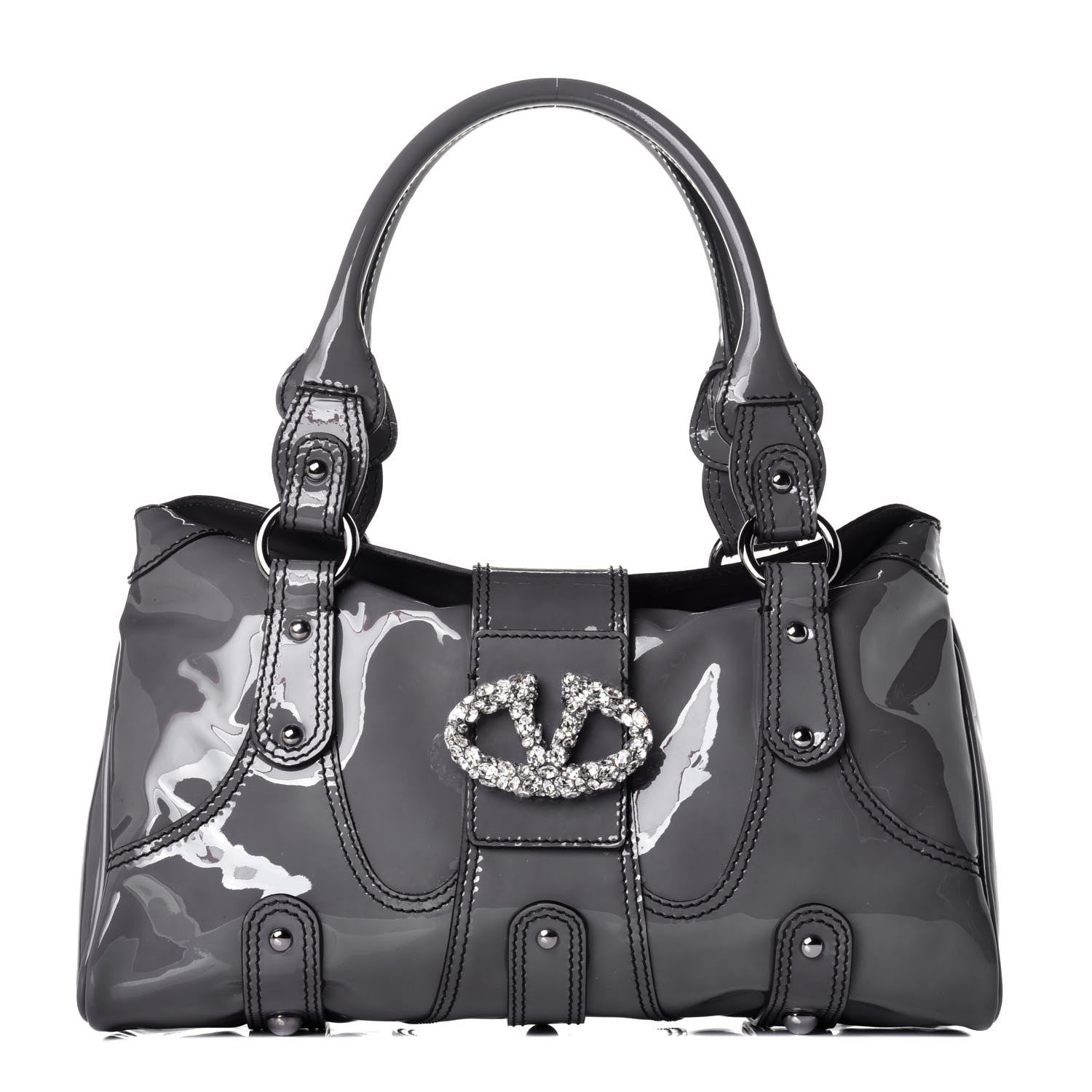 Valentino Garavani Patent Crystal Catch Satchel Grey 1 of 9