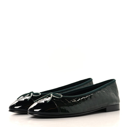 Chanel Patent Calfskin Crocodile Embossed Ballerina Flats 38 Dark Green Black 4 of 10