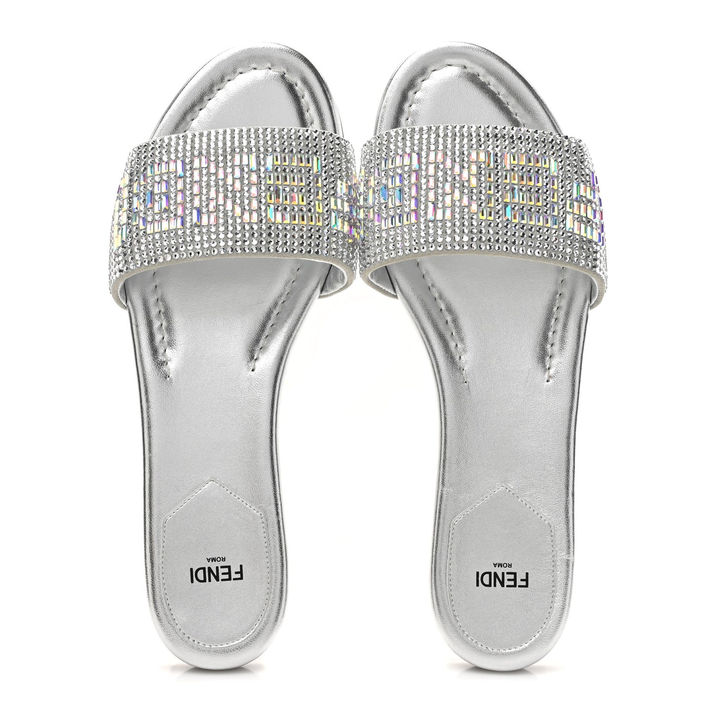 Laminated Goatskin Baguette Crystal Embroidered Signature Flat Slide Sandals 39.5 Silver