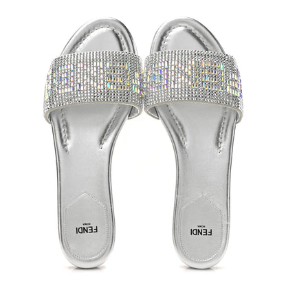 Fendi Laminated Goatskin Baguette Crystal Embroidered Signature Flat Slide Sandals 39.5 Silver 2 of 9