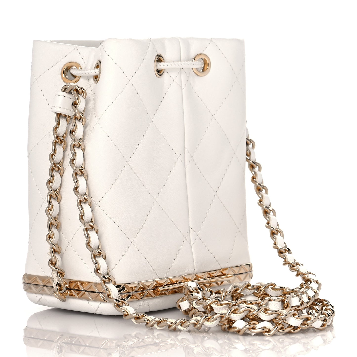 Metal Lambskin Quilted Small Chain Bucket Bag White