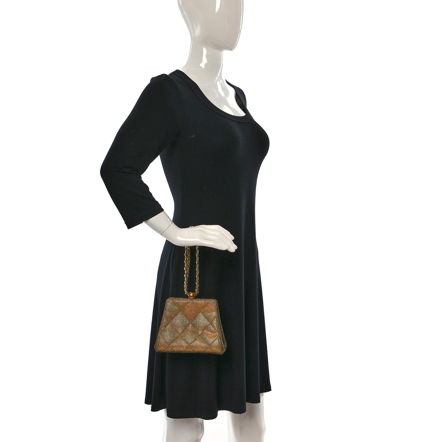 Metallic Galuchat Stingray Quilted Clutch With Chain Gold