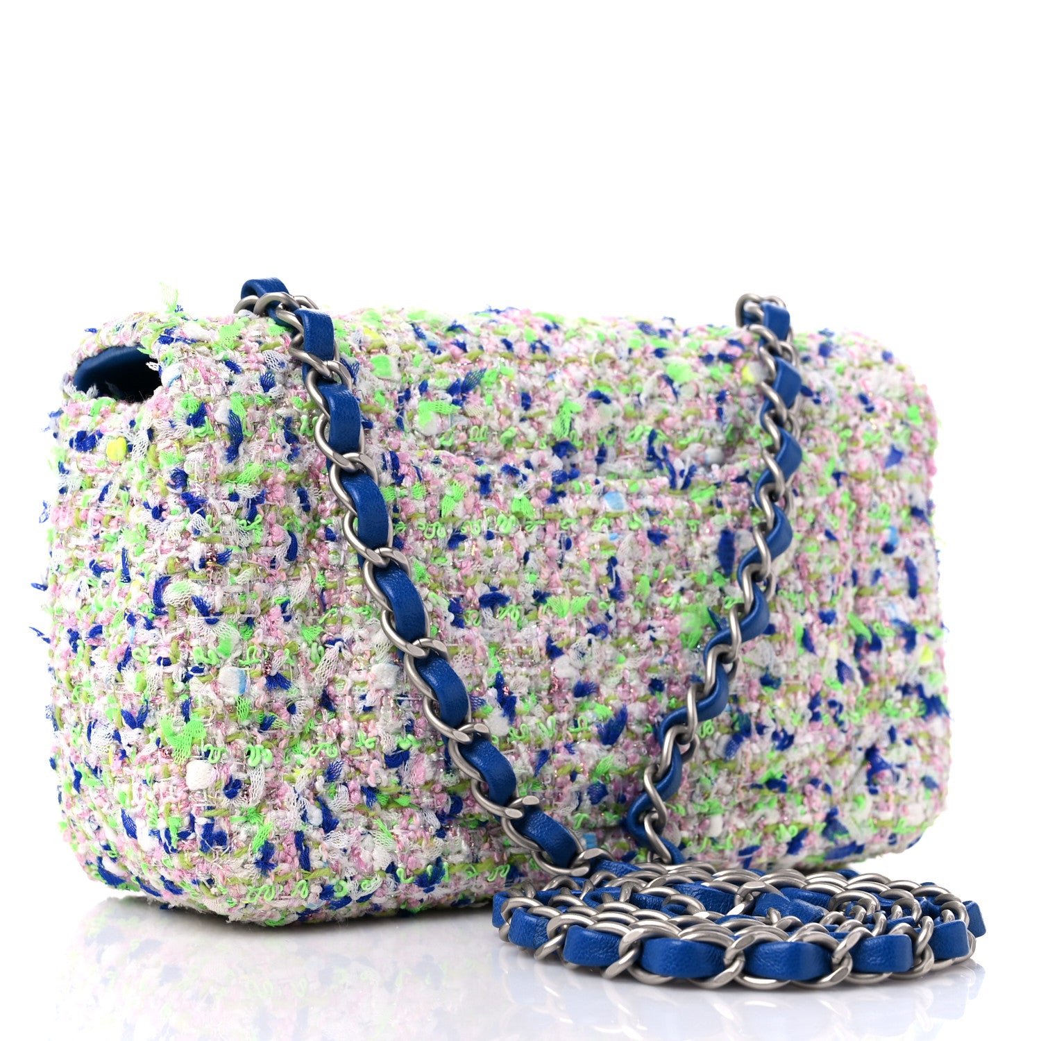 Chanel Tweed Quilted Mini Rectangular Flap White Blue Green 3 of 10