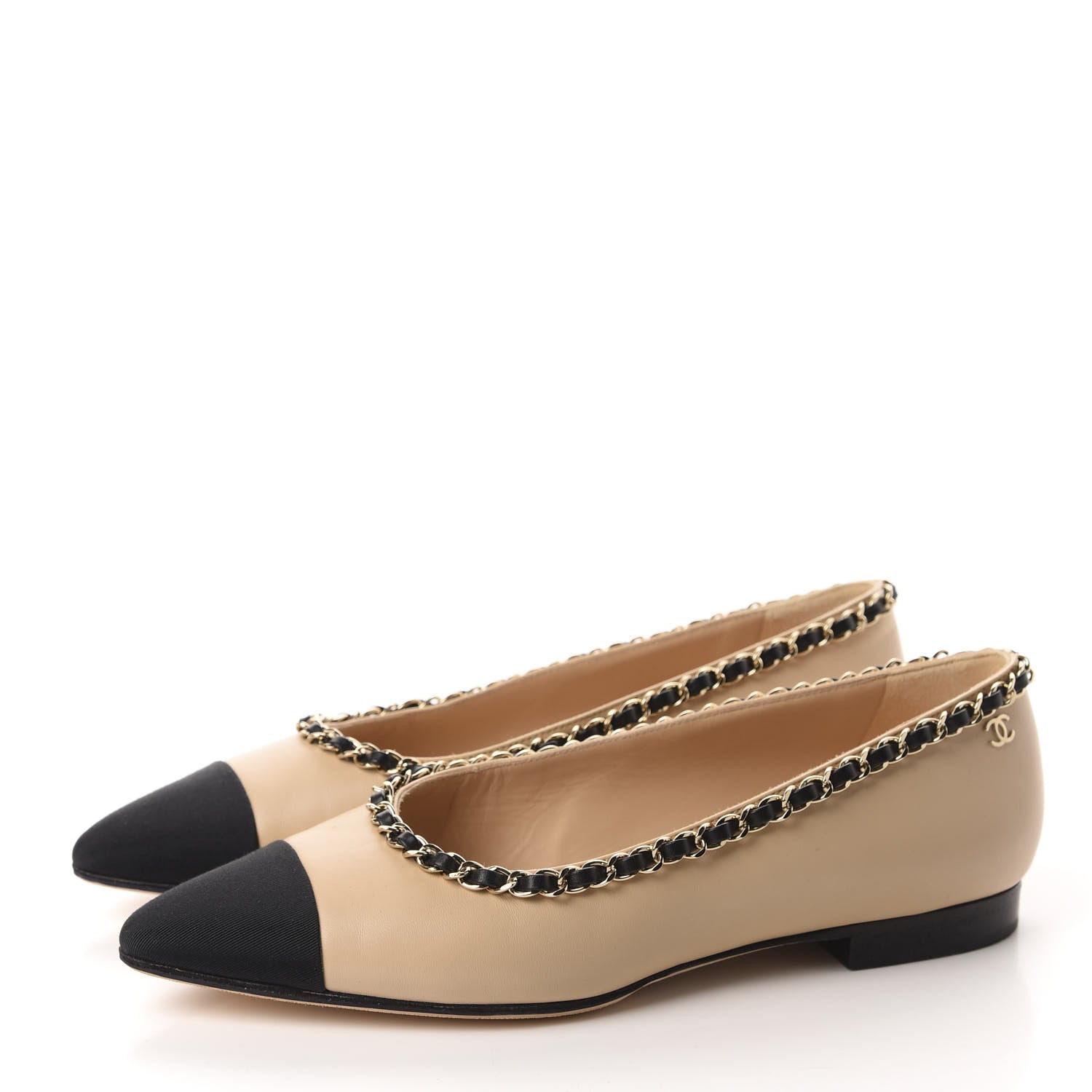 Chanel Lambskin Grosgrain Chain Cap Toe Flats 37 Beige Black 3 of 9
