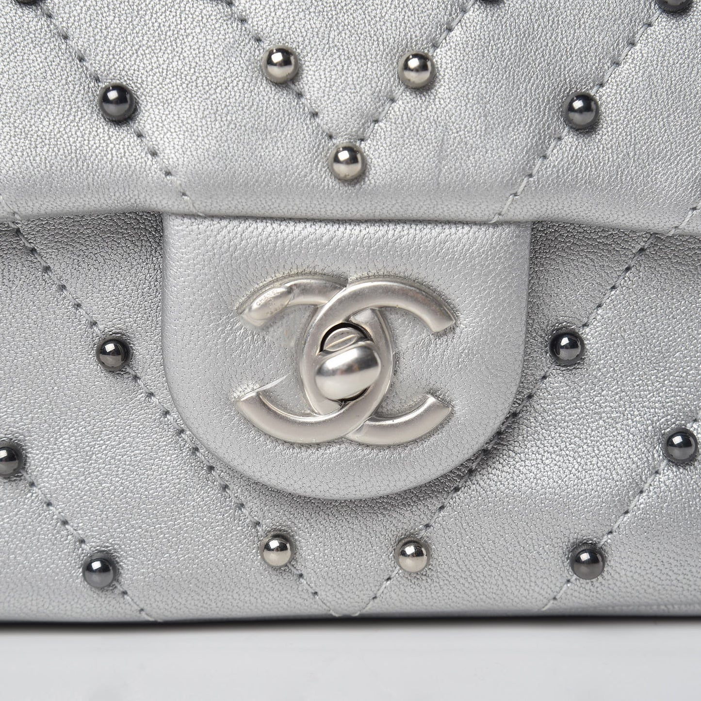 Metallic Lambskin Chevron Quilted Studded Mini Flap Silver