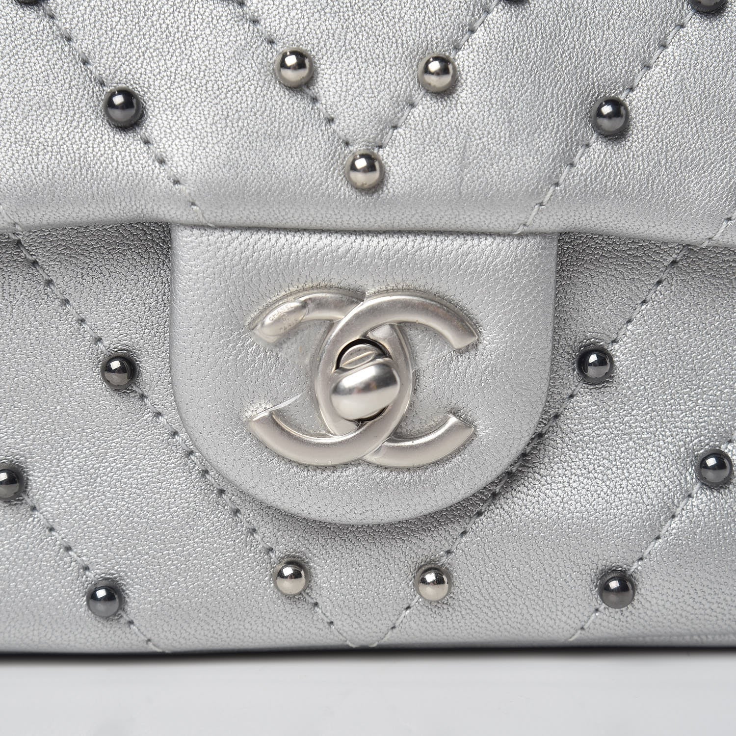 Chanel Metallic Lambskin Chevron Quilted Studded Mini Flap Silver 8 of 10