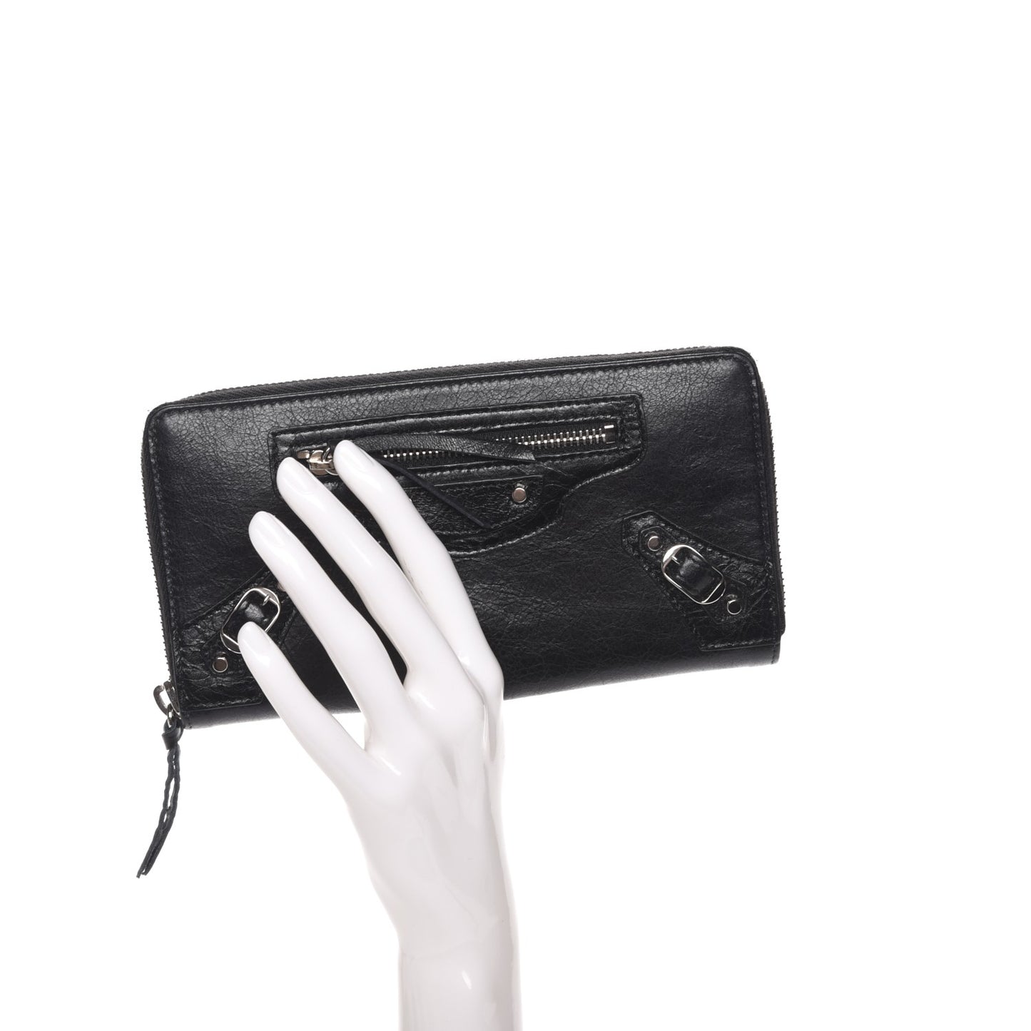 Agneau Classic Silver Hardware Continental Zip Around Wallet Black