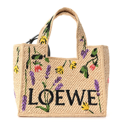 Loewe X PAULA'S IBIZA Raffia Floral Embroidered Small Font Tote Natural Tan Multicolor 1 of 9