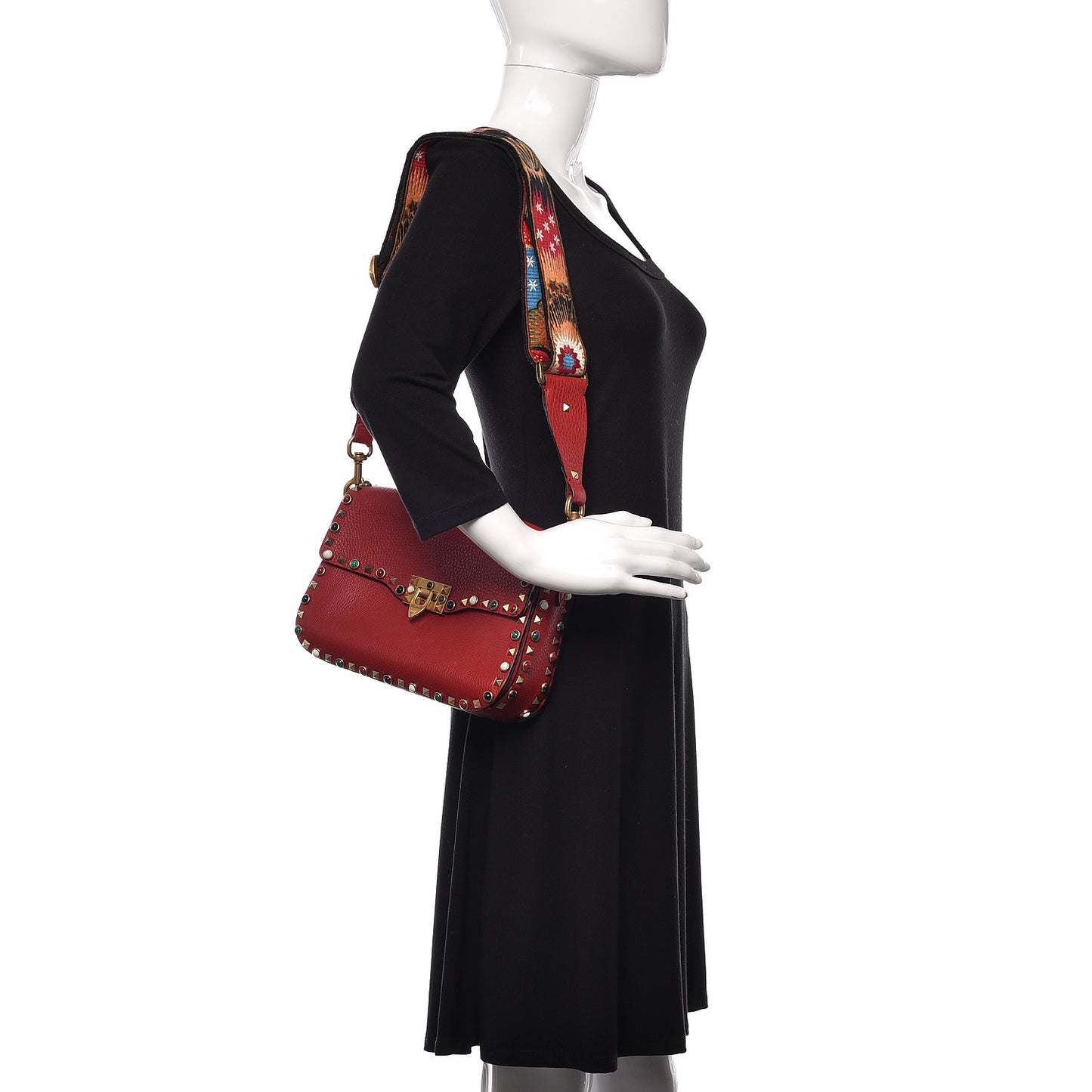 Calfskin Enchanted Wonderland Medium Guitar Strap Rockstud Rolling Flap Saddle Bag Rosso Valentino