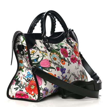 Balenciaga X GUCCI Canvas Azalea Calfskin Flora Logo Print Neo Classic Silver Hardware Medium City White Multicolor Black 3 of 10