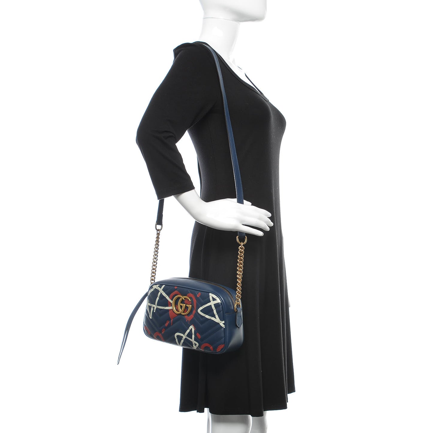 Calfskin Matelasse GucciGhost Small GG Marmont Chain Shoulder Bag Blue Agata Hibiscus Red