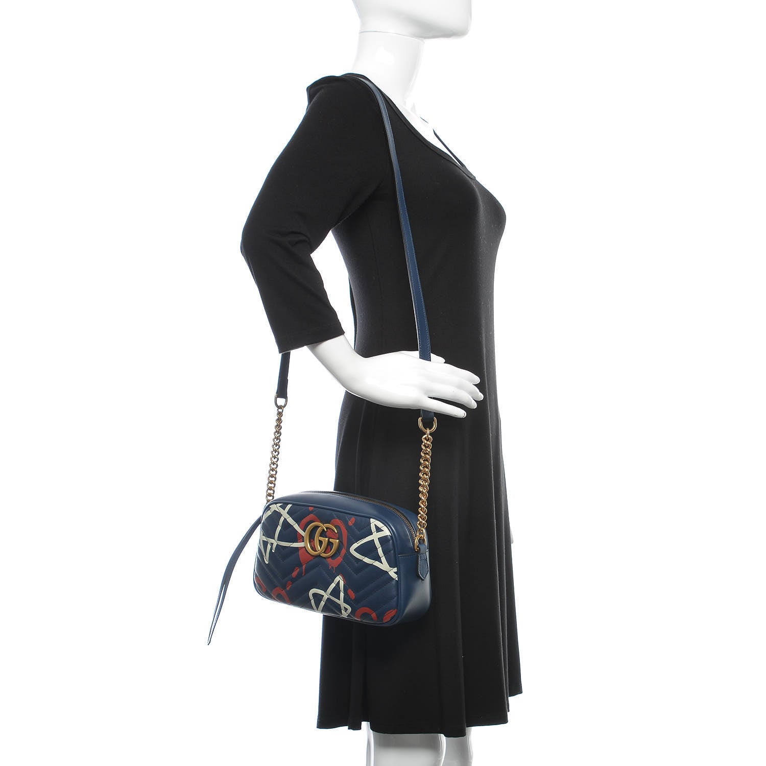 Gucci Calfskin Matelasse GucciGhost Small GG Marmont Chain Shoulder Bag Blue Agata Hibiscus Red 2 of 11