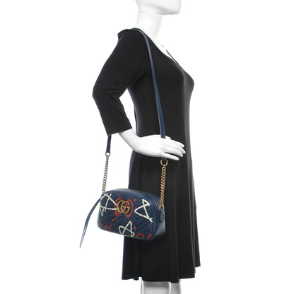 Gucci Calfskin Matelasse GucciGhost Small GG Marmont Chain Shoulder Bag Blue Agata Hibiscus Red 2 of 11