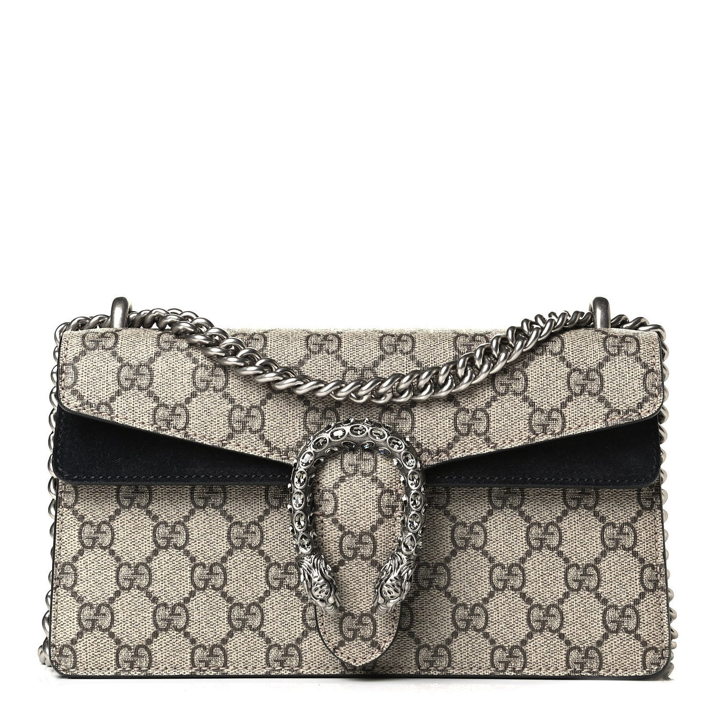 GG Supreme Monogram Suede Crystal Small Dionysus Shoulder Bag Beige Ebony Black