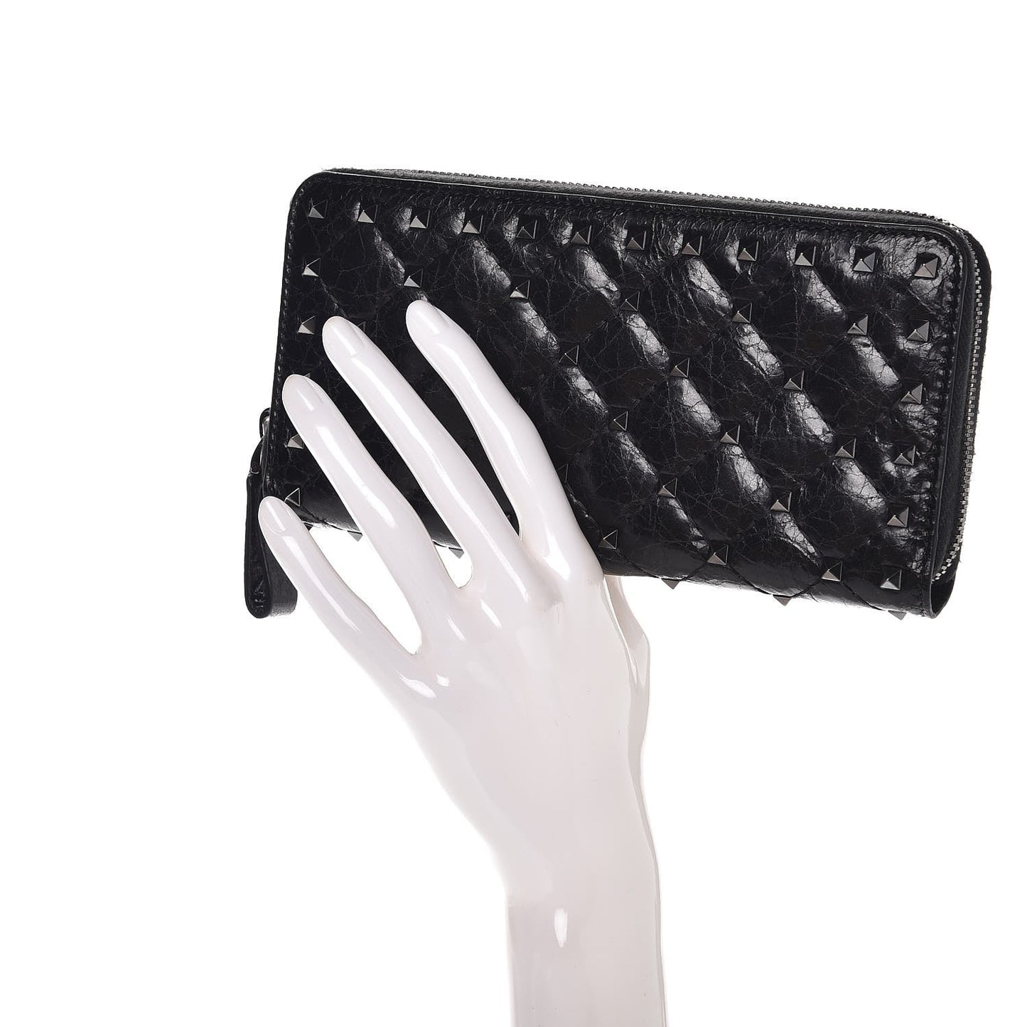 Craquele Nappa Rockstud Spike Zip Around Wallet Black