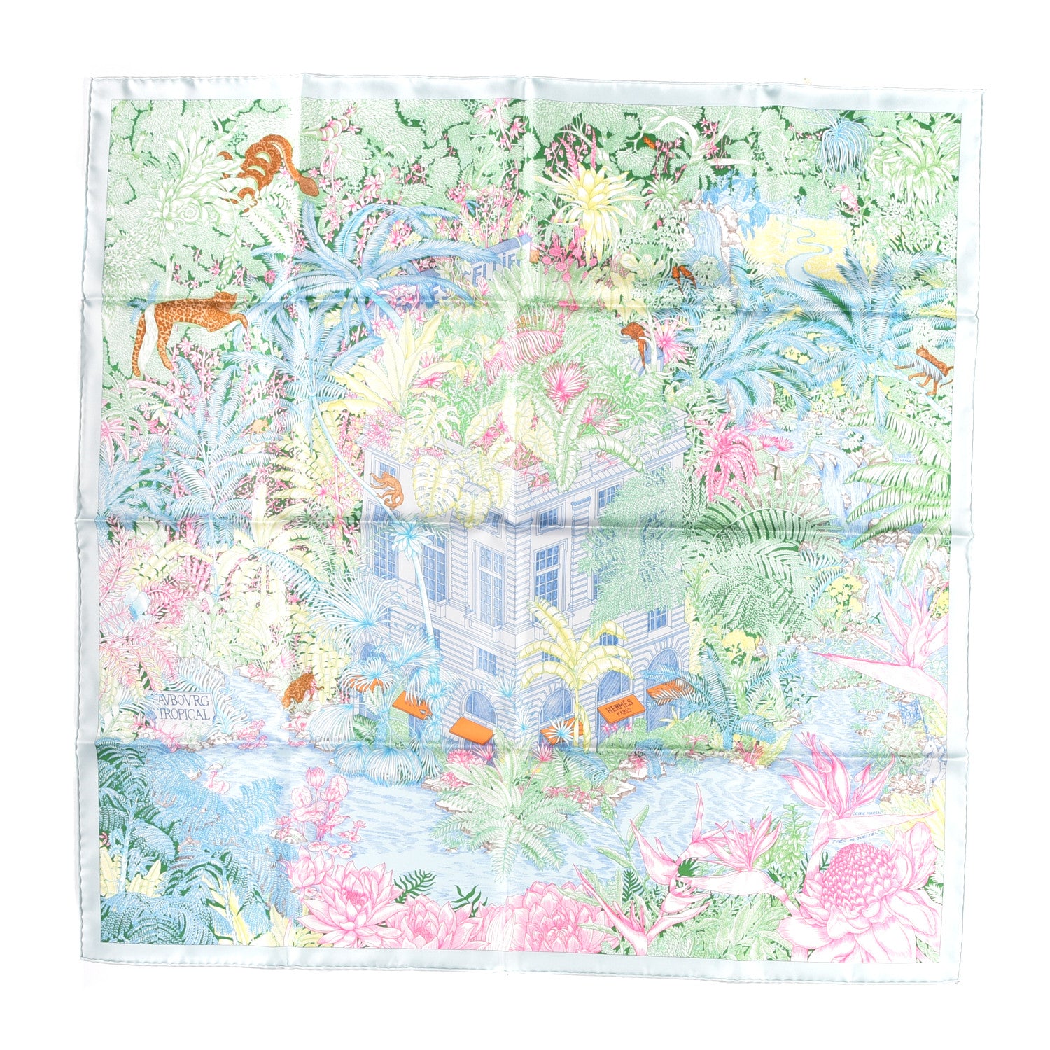 Hermes Silk Twill Faubourg Tropical Scarf 90 Bleu Vert Jaune 1 of 4