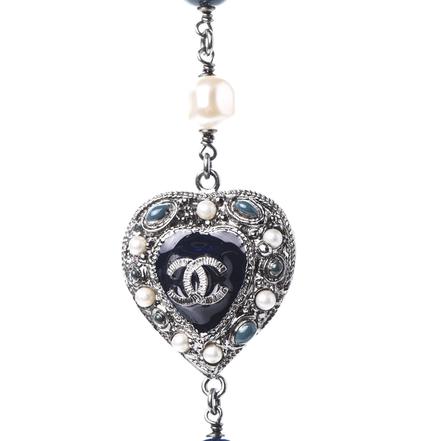 Pearl Resin Beaded CC Heart Long Necklace Ruthenium Multicolor