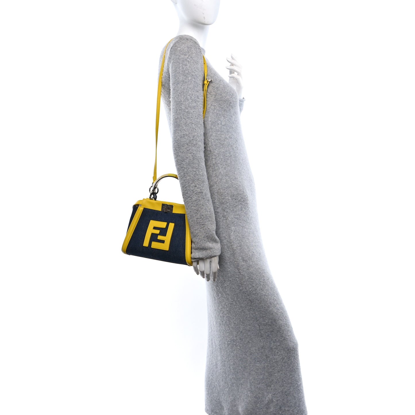 Denim Fabric Nappa FF Mini Peekaboo Iconic Satchel Yellow