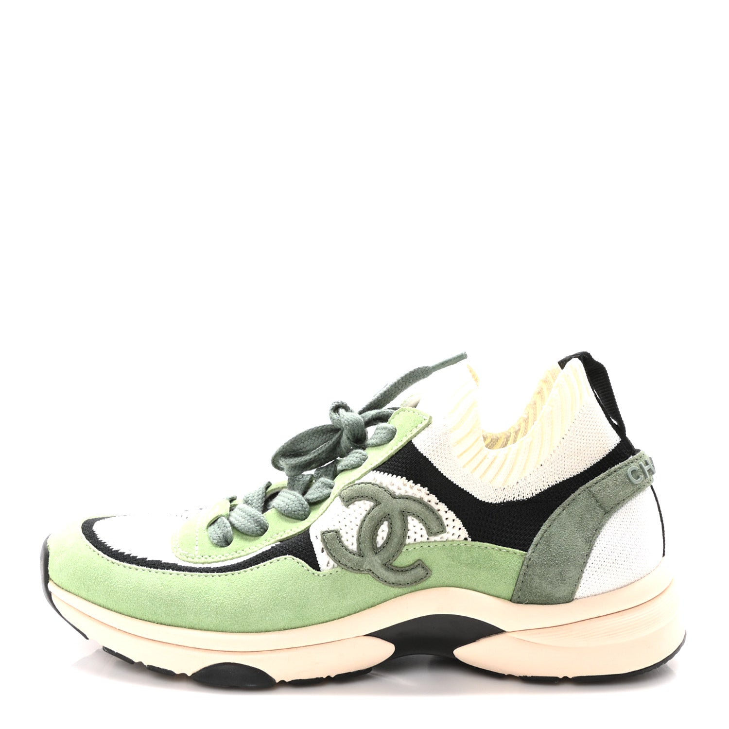 Chanel Knit Suede Fabric Womens CC Sneakers 41 Green Dark Green White Black 1 of 9