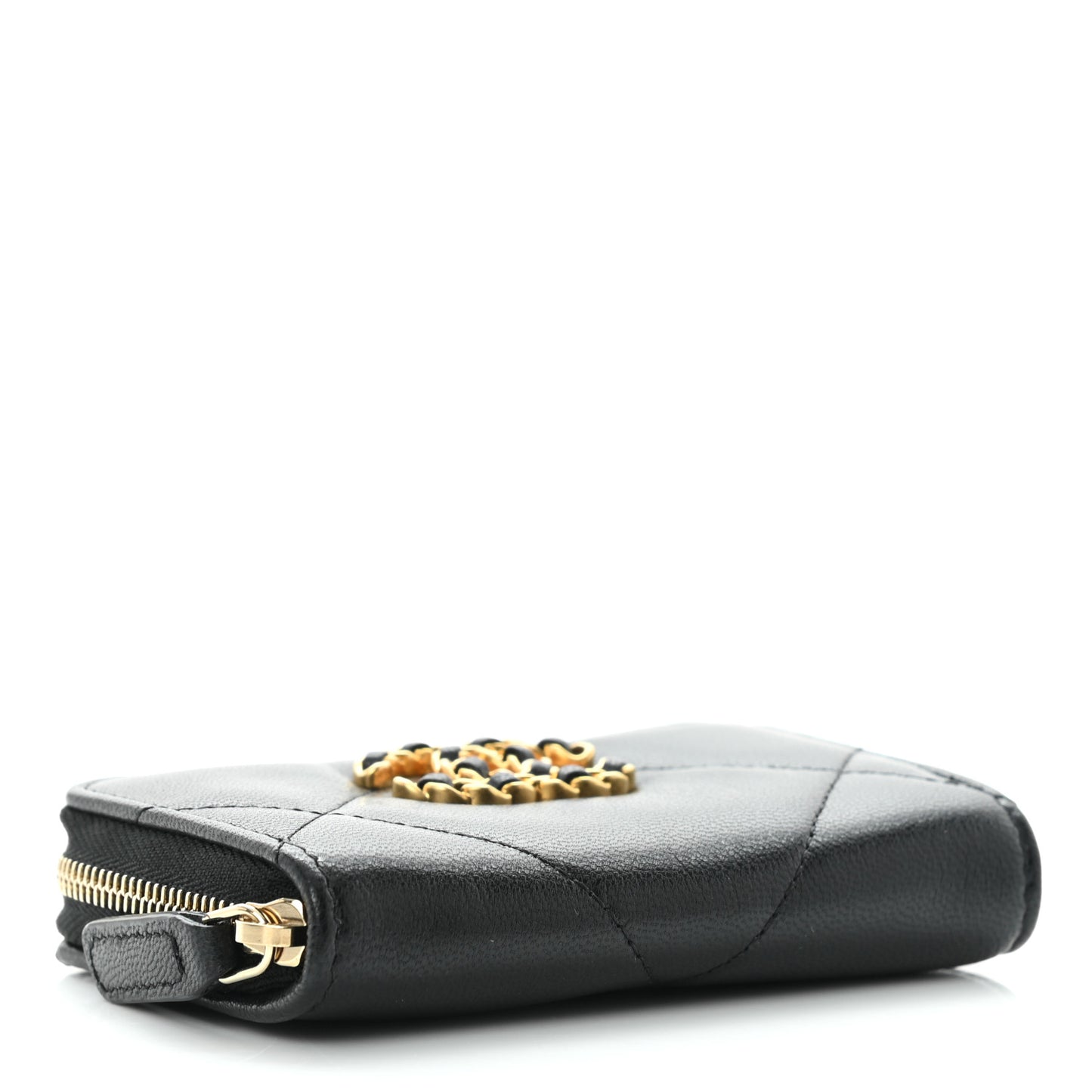 Goatskin Quilted Chanel 19 Zip Around Coin Purse Wallet Black