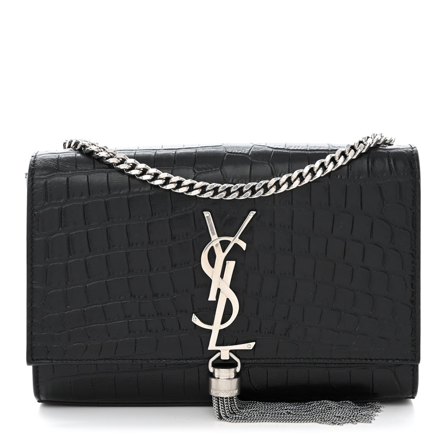 Calfskin Crocodile Embossed Small Classic Monogram Kate Tassel Satchel Black