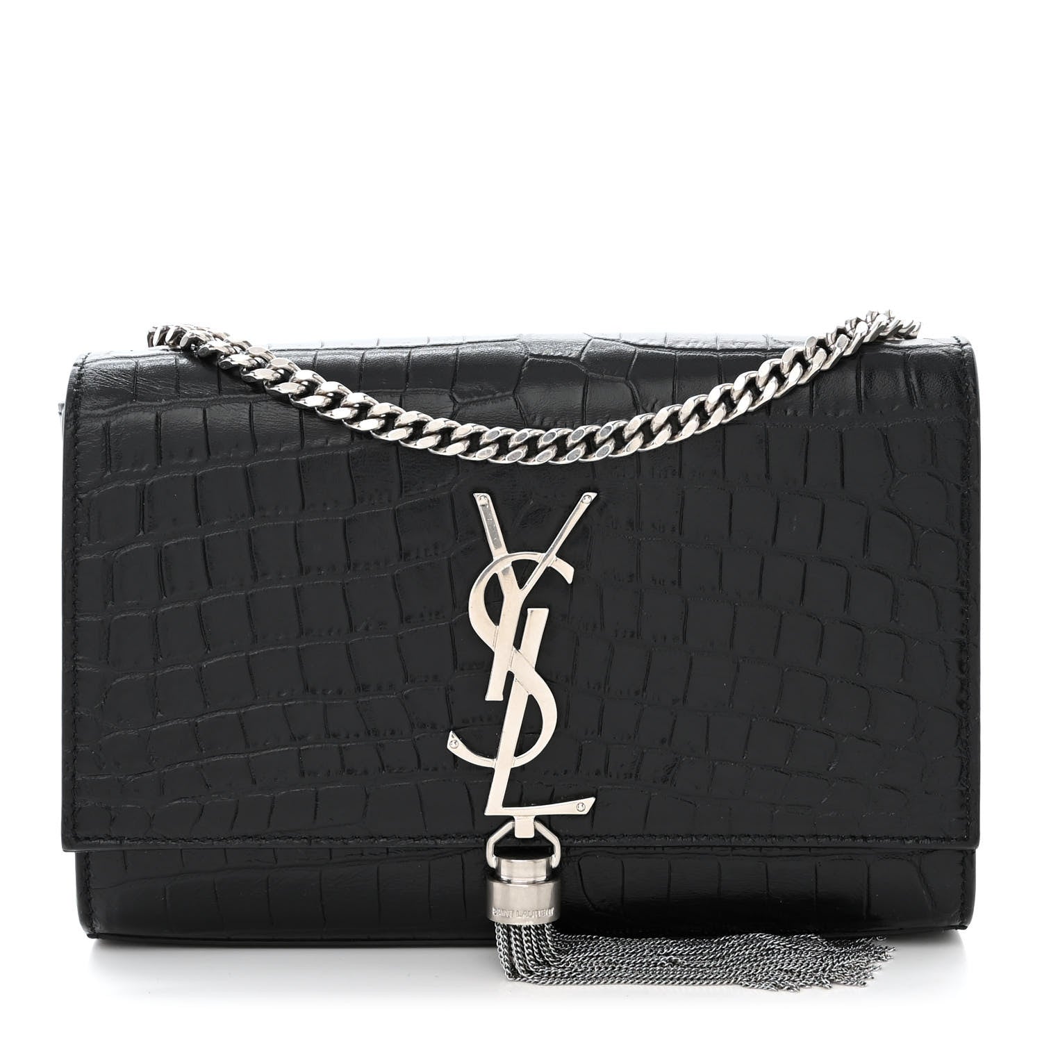 Saint Laurent Calfskin Crocodile Embossed Small Classic Monogram Kate Tassel Satchel Black 1 of 10