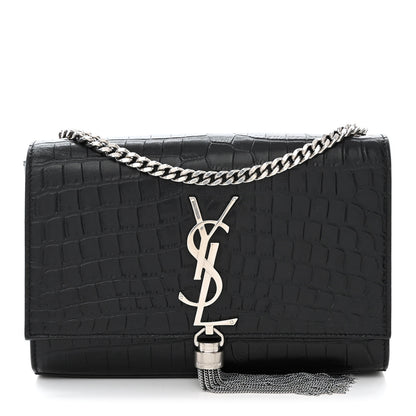 Saint Laurent Calfskin Crocodile Embossed Small Classic Monogram Kate Tassel Satchel Black 1 of 10